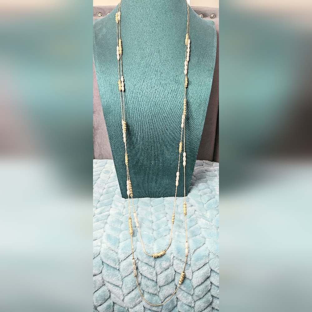 CHICO'S GP Fresh Water Pearl & Gold Beads 2 Strand Long Necklace